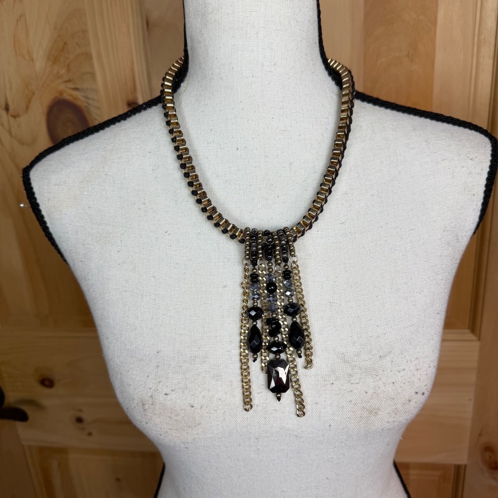 Gold Mesh Chain Fringe Necklace with Black Faceted Dangle Beads Edgy Grunge Chic